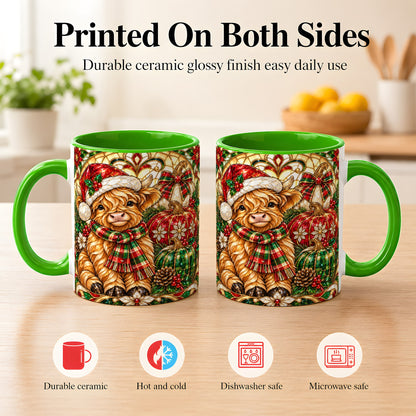 #pl[11oz|Green] Stained Glass Highland Cow Coffee Mug, Holiday Pumpkin Mug, Ceramic Cup