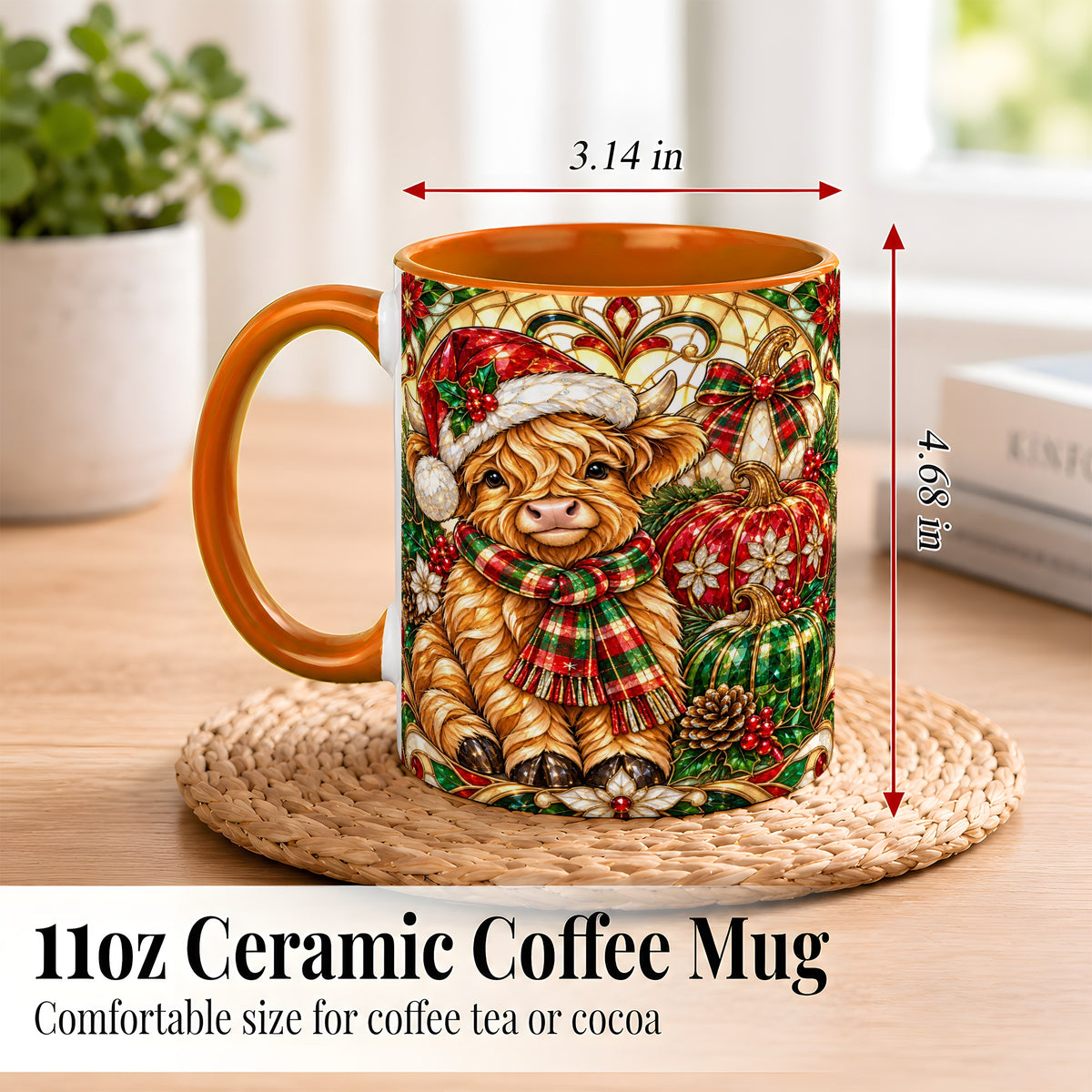 #pl[11oz|Orange] Stained Glass Highland Cow Coffee Mug, Holiday Pumpkin Mug, Ceramic Cup