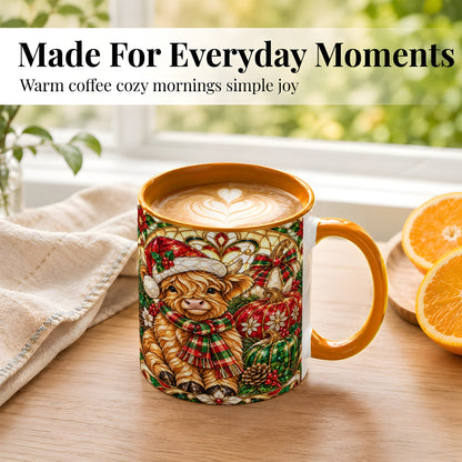 #pl[11oz|Orange] Stained Glass Highland Cow Coffee Mug, Holiday Pumpkin Mug, Ceramic Cup