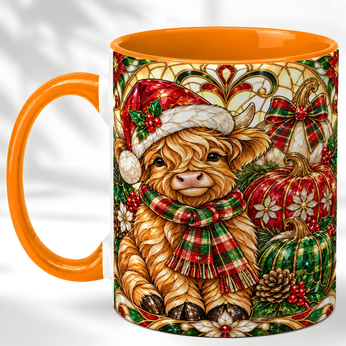 #pl[11oz|Orange] Stained Glass Highland Cow Coffee Mug, Holiday Pumpkin Mug, Ceramic Cup
