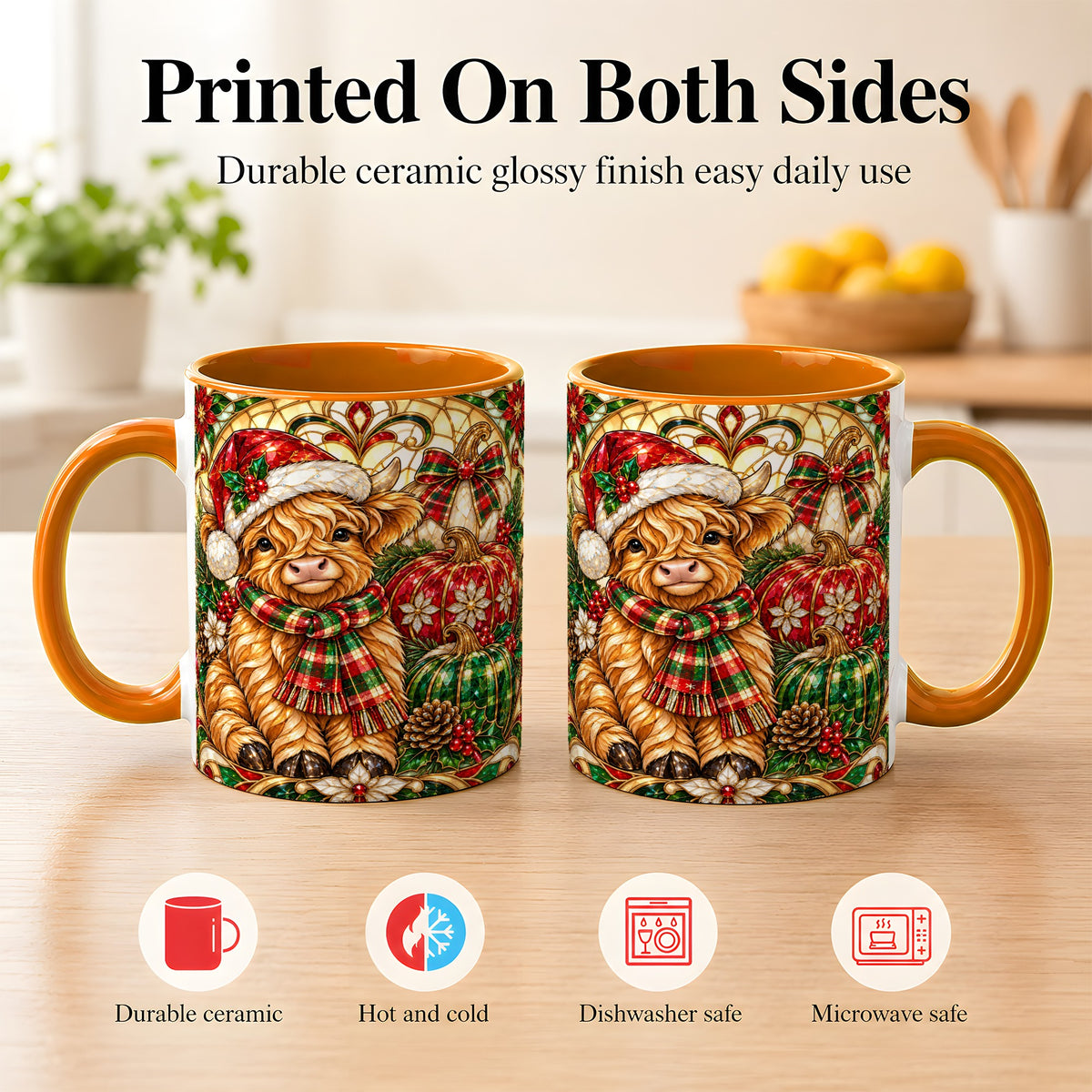 #pl[11oz|Orange] Stained Glass Highland Cow Coffee Mug, Holiday Pumpkin Mug, Ceramic Cup