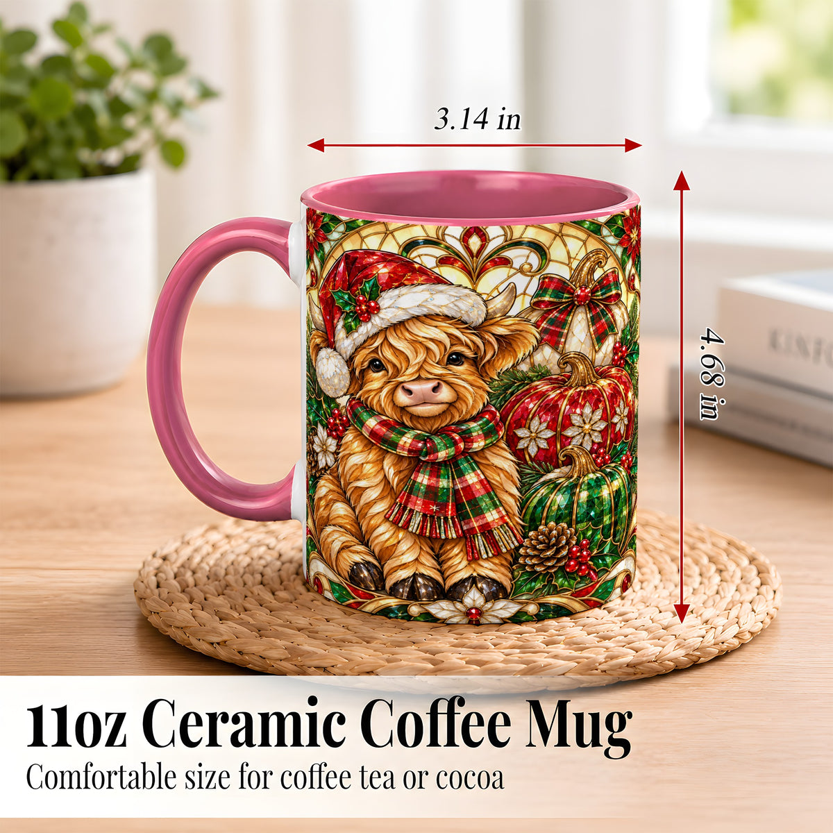#pl[11oz|Pink] Stained Glass Highland Cow Coffee Mug, Holiday Pumpkin Mug, Ceramic Cup