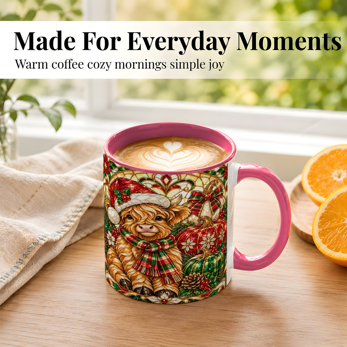 #pl[11oz|Pink] Stained Glass Highland Cow Coffee Mug, Holiday Pumpkin Mug, Ceramic Cup
