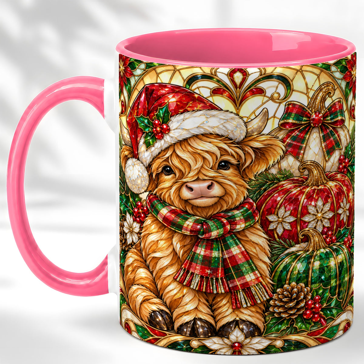 #pl[11oz|Pink] Stained Glass Highland Cow Coffee Mug, Holiday Pumpkin Mug, Ceramic Cup