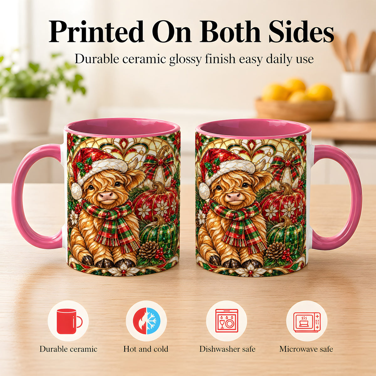 #pl[11oz|Pink] Stained Glass Highland Cow Coffee Mug, Holiday Pumpkin Mug, Ceramic Cup