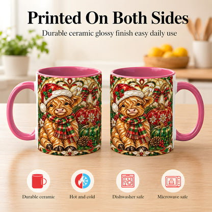 #pl[11oz|Pink] Stained Glass Highland Cow Coffee Mug, Holiday Pumpkin Mug, Ceramic Cup