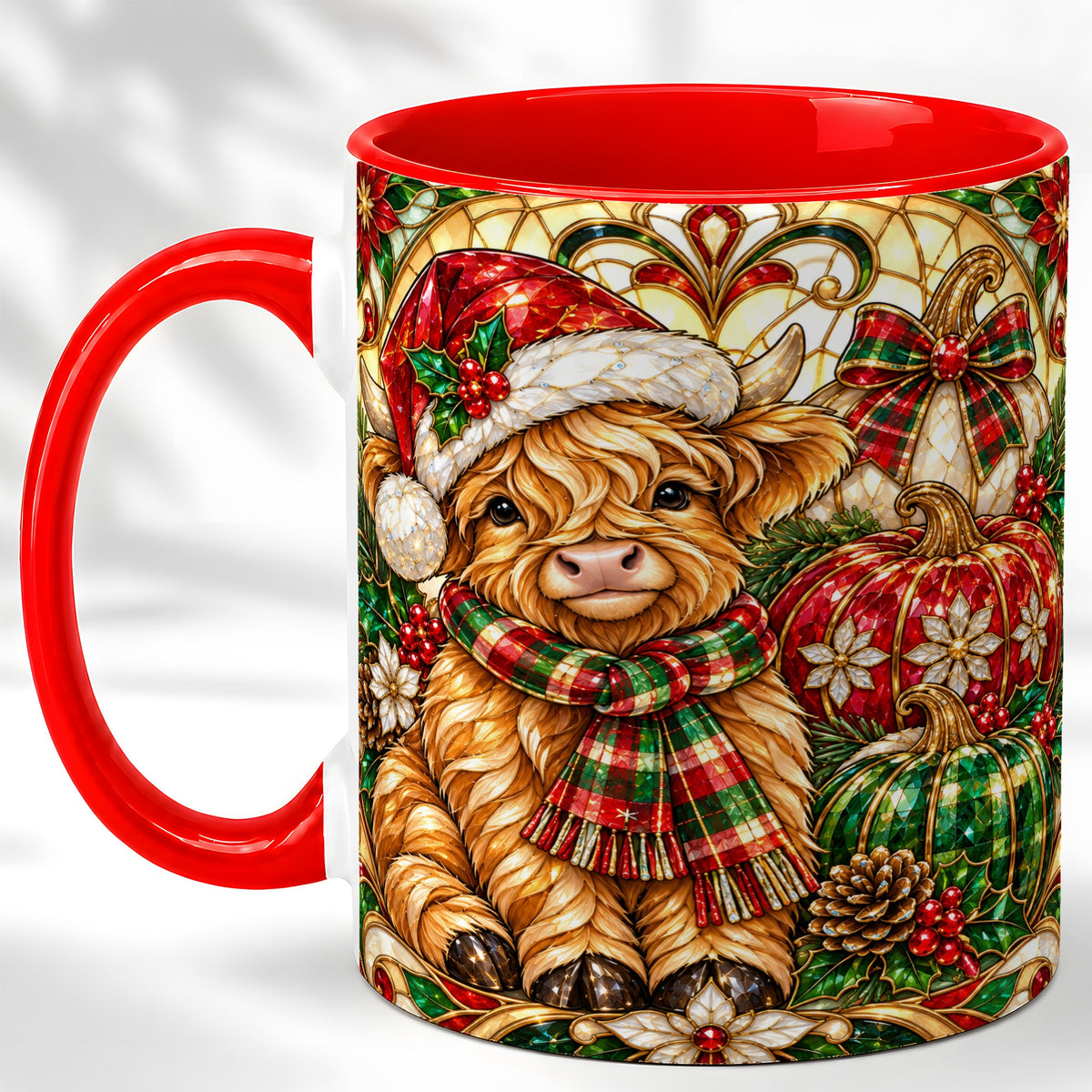#pl[11oz|Red] Stained Glass Highland Cow Coffee Mug, Holiday Pumpkin Mug, Ceramic Cup