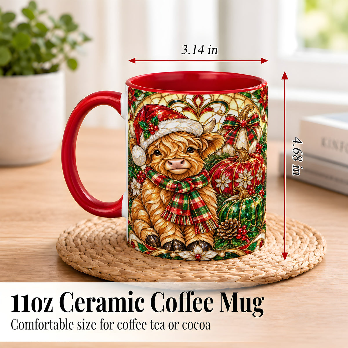 #pl[11oz|Red] Stained Glass Highland Cow Coffee Mug, Holiday Pumpkin Mug, Ceramic Cup