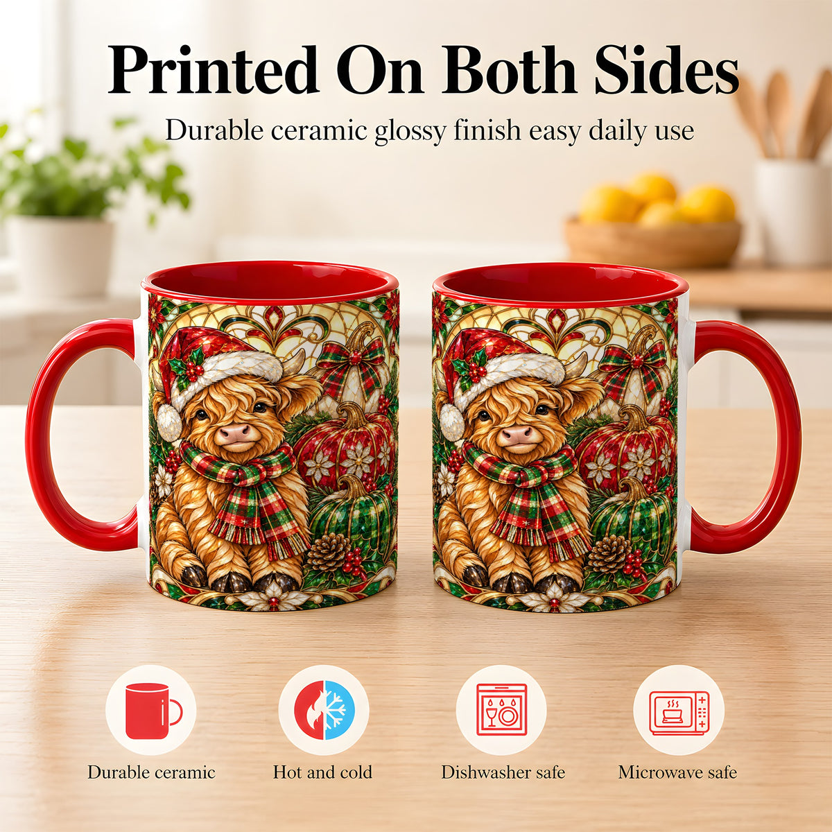 #pl[11oz|Red] Stained Glass Highland Cow Coffee Mug, Holiday Pumpkin Mug, Ceramic Cup