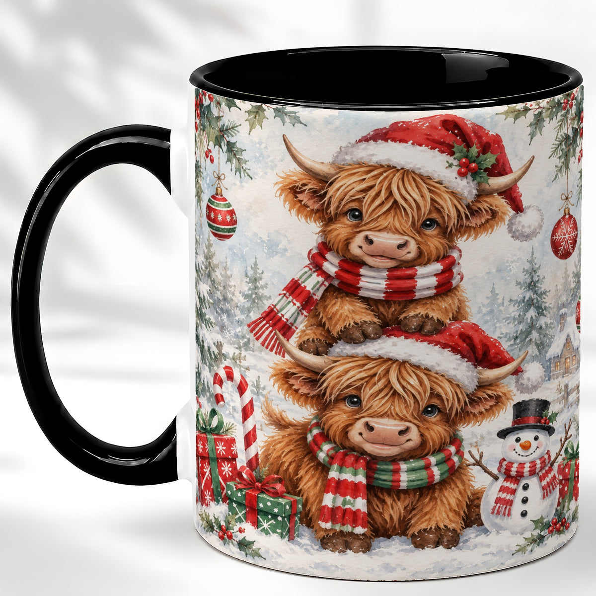 #pl[11oz|Black] Christmas Highland Cow Coffee Mug, Winter Cow Mug, Ceramic Cup
