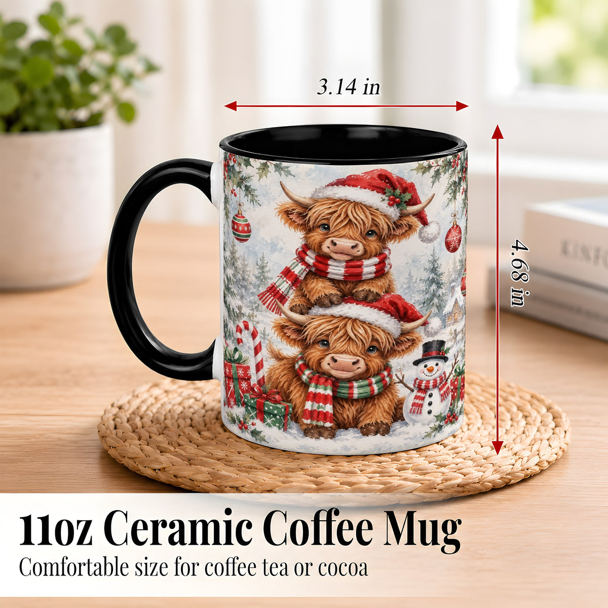 #pl[11oz|Black] Christmas Highland Cow Coffee Mug, Winter Cow Mug, Ceramic Cup