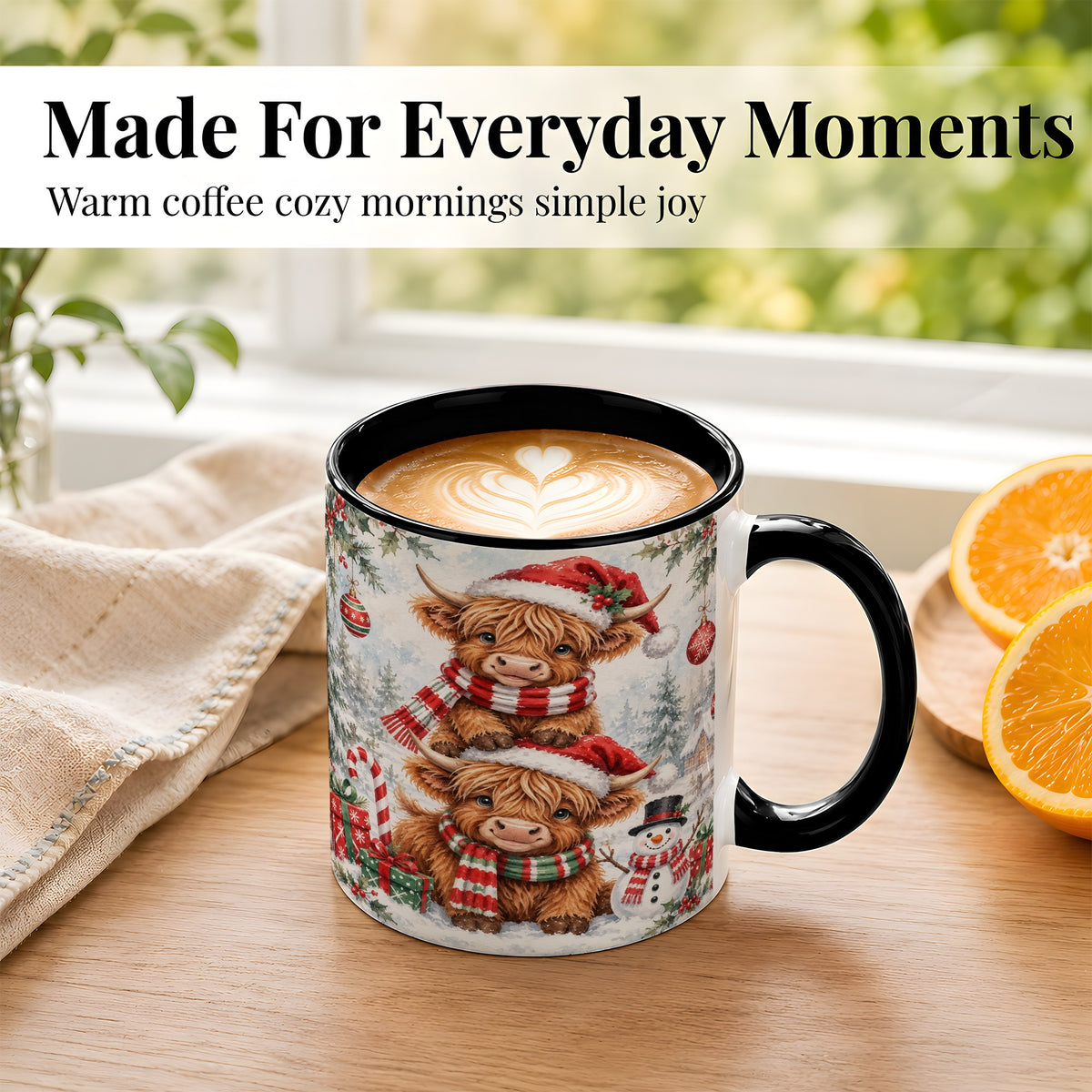 #pl[11oz|Black] Christmas Highland Cow Coffee Mug, Winter Cow Mug, Ceramic Cup