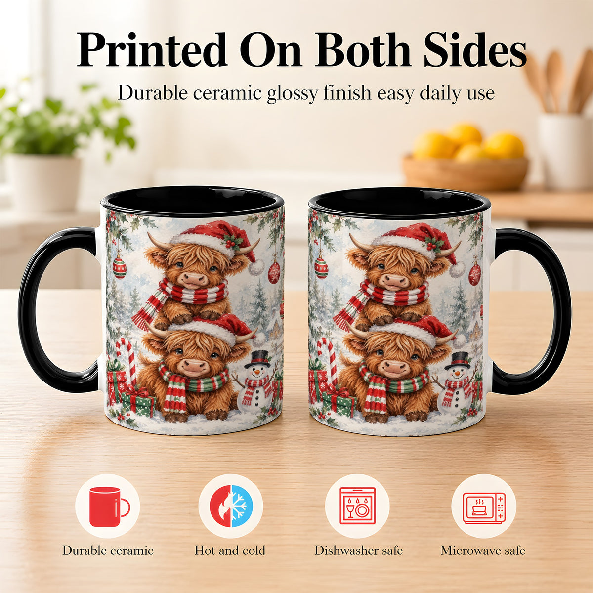 #pl[11oz|Black] Christmas Highland Cow Coffee Mug, Winter Cow Mug, Ceramic Cup