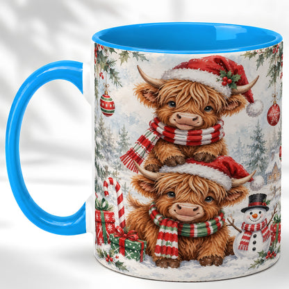 #pl[11oz|Blue] Christmas Highland Cow Coffee Mug, Winter Cow Mug, Ceramic Cup