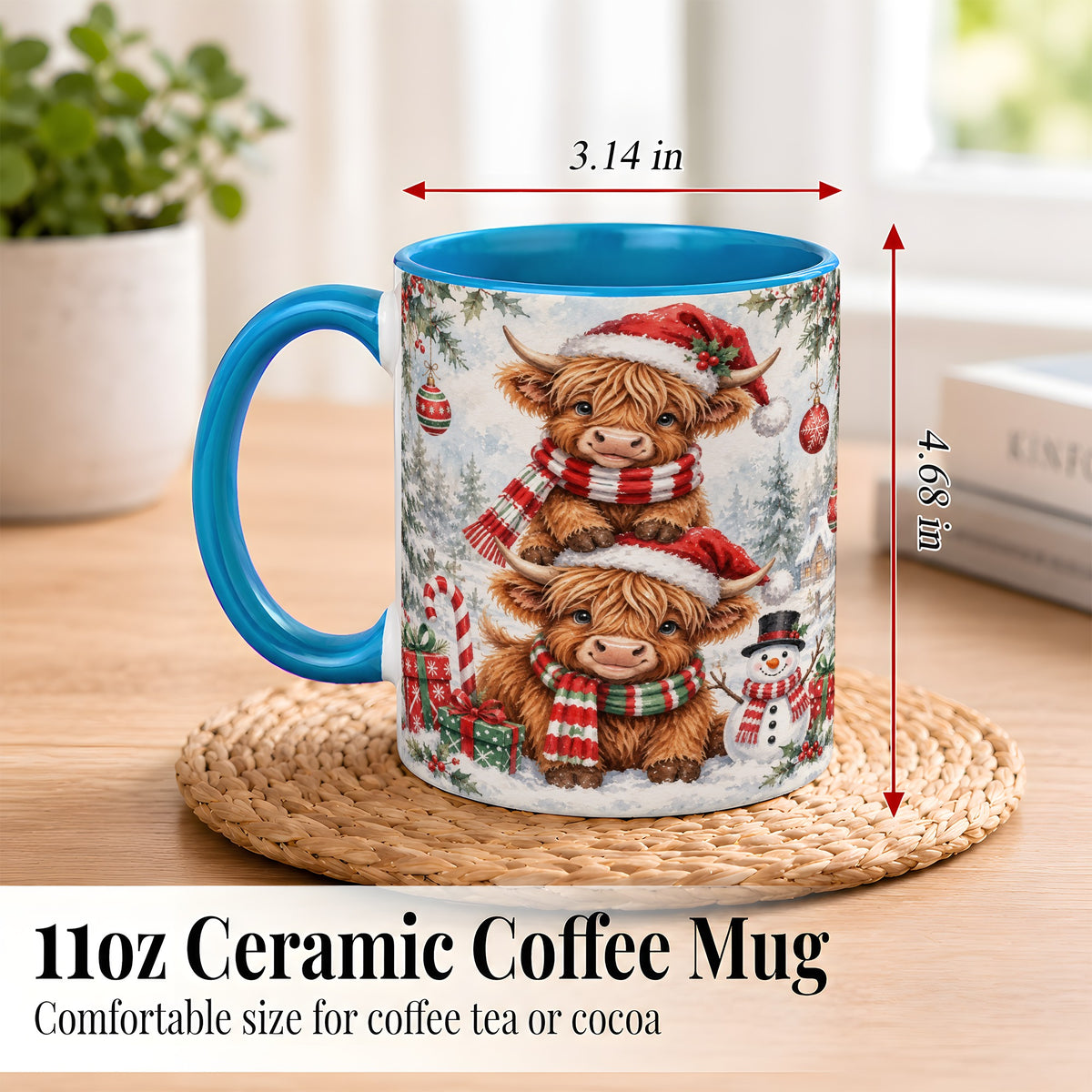 #pl[11oz|Blue] Christmas Highland Cow Coffee Mug, Winter Cow Mug, Ceramic Cup