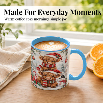#pl[11oz|Blue] Christmas Highland Cow Coffee Mug, Winter Cow Mug, Ceramic Cup