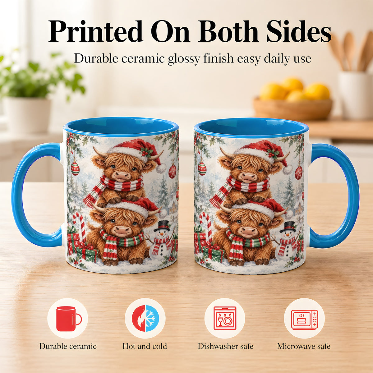 #pl[11oz|Blue] Christmas Highland Cow Coffee Mug, Winter Cow Mug, Ceramic Cup