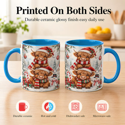 #pl[11oz|Blue] Christmas Highland Cow Coffee Mug, Winter Cow Mug, Ceramic Cup