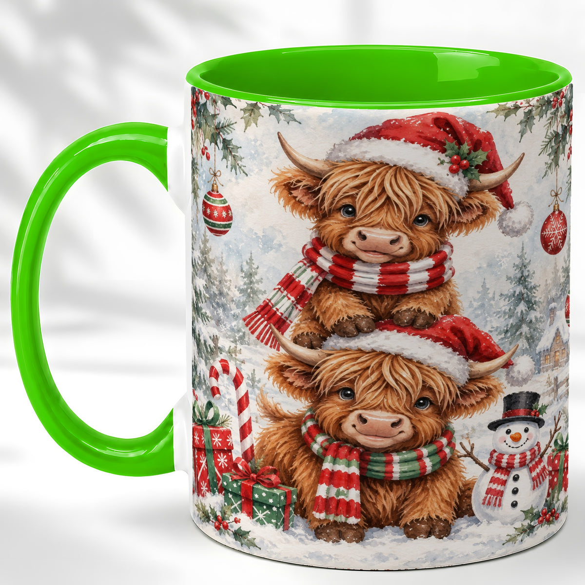 #pl[11oz|Green] Christmas Highland Cow Coffee Mug, Winter Cow Mug, Ceramic Cup