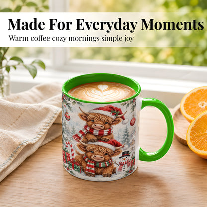 #pl[11oz|Green] Christmas Highland Cow Coffee Mug, Winter Cow Mug, Ceramic Cup