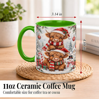 #pl[11oz|Green] Christmas Highland Cow Coffee Mug, Winter Cow Mug, Ceramic Cup
