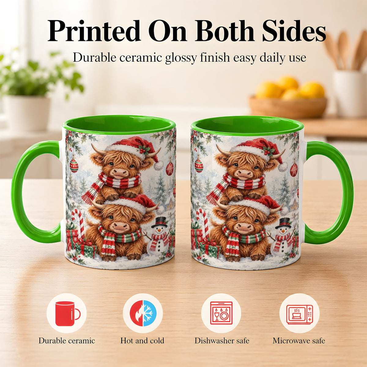 #pl[11oz|Green] Christmas Highland Cow Coffee Mug, Winter Cow Mug, Ceramic Cup