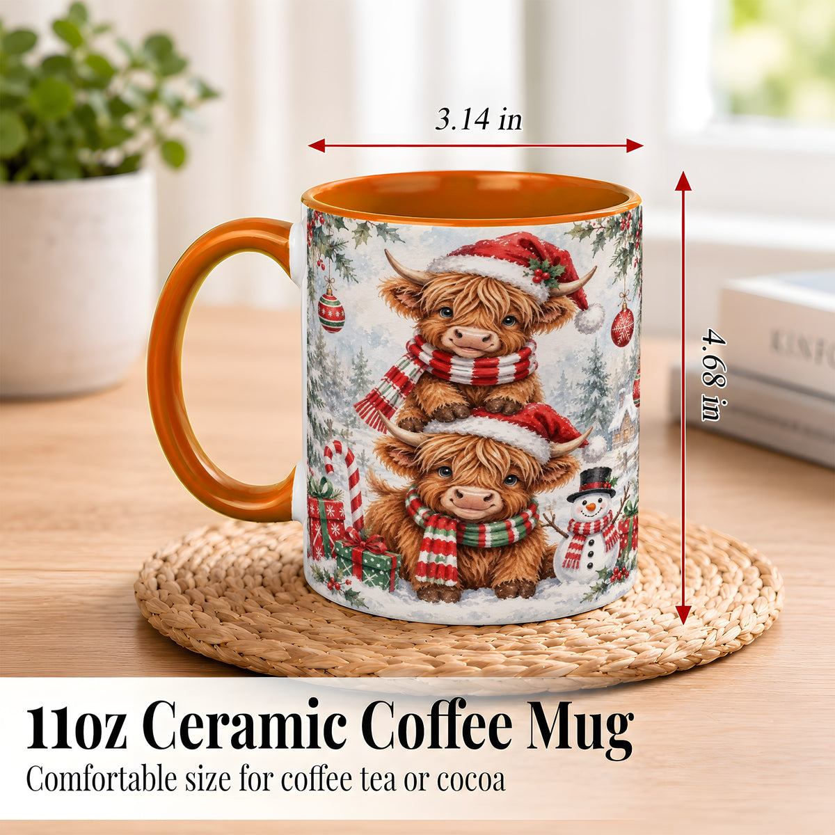 #pl[11oz|Orange] Christmas Highland Cow Coffee Mug, Winter Cow Mug, Ceramic Cup