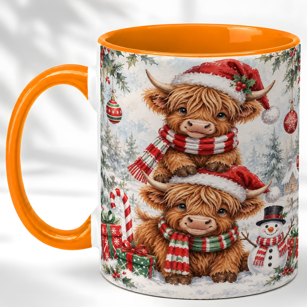 #pl[11oz|Orange] Christmas Highland Cow Coffee Mug, Winter Cow Mug, Ceramic Cup