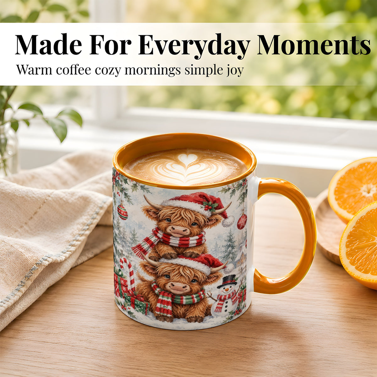 #pl[11oz|Orange] Christmas Highland Cow Coffee Mug, Winter Cow Mug, Ceramic Cup