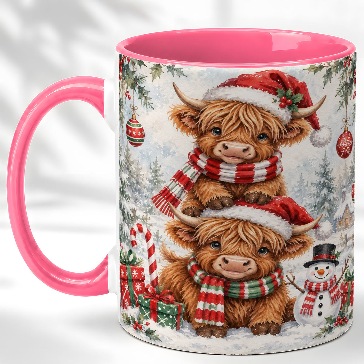 #pl[11oz|Pink] Christmas Highland Cow Coffee Mug, Winter Cow Mug, Ceramic Cup