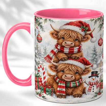 #pl[11oz|Pink] Christmas Highland Cow Coffee Mug, Winter Cow Mug, Ceramic Cup