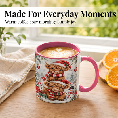 #pl[11oz|Pink] Christmas Highland Cow Coffee Mug, Winter Cow Mug, Ceramic Cup