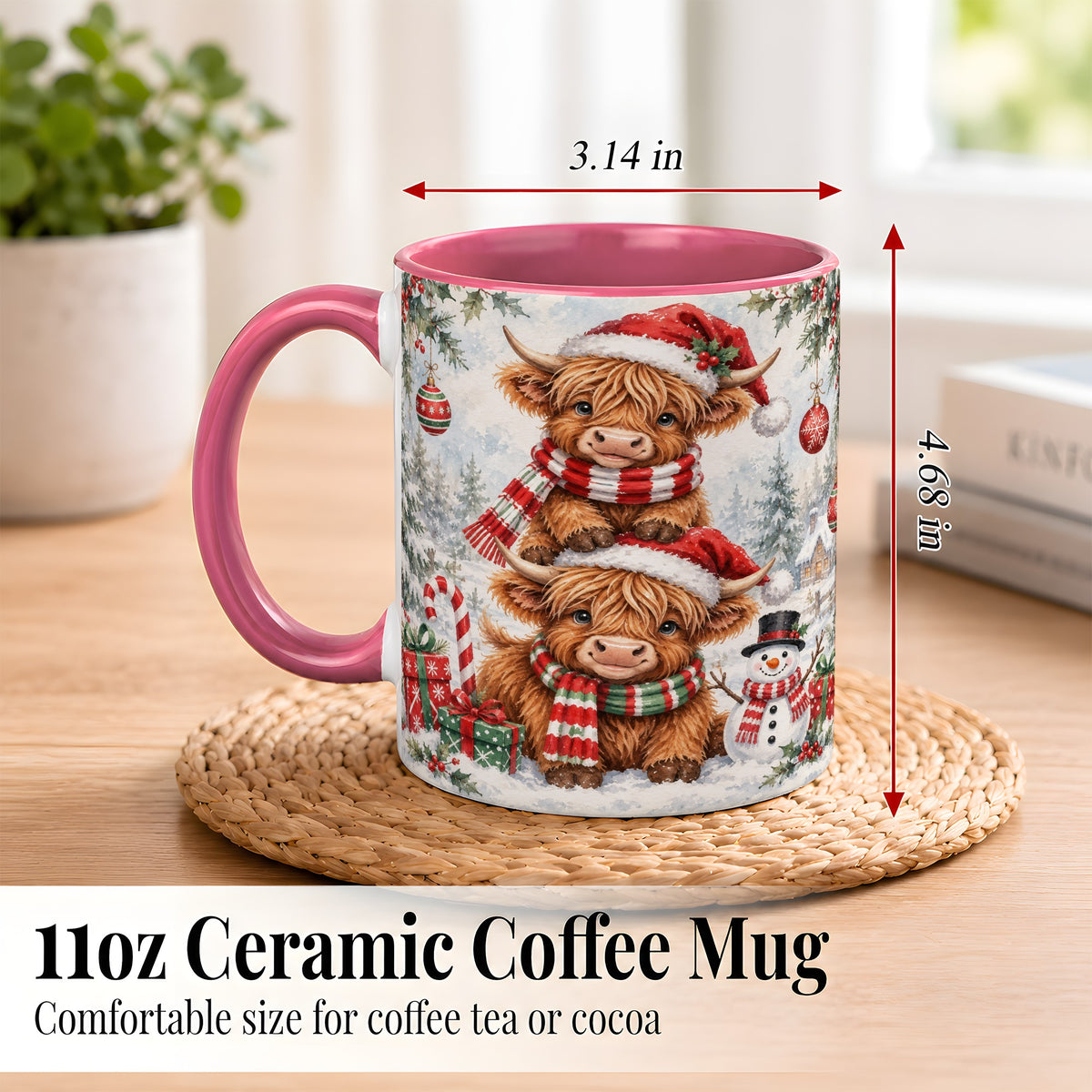 #pl[11oz|Pink] Christmas Highland Cow Coffee Mug, Winter Cow Mug, Ceramic Cup