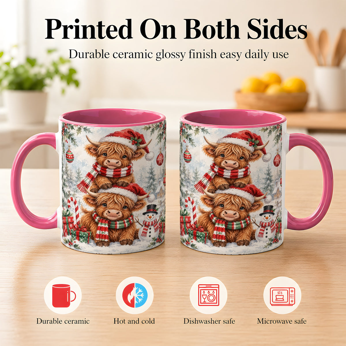 #pl[11oz|Pink] Christmas Highland Cow Coffee Mug, Winter Cow Mug, Ceramic Cup