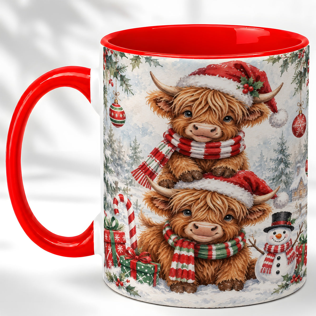 #pl[11oz|Red] Christmas Highland Cow Coffee Mug, Winter Cow Mug, Ceramic Cup