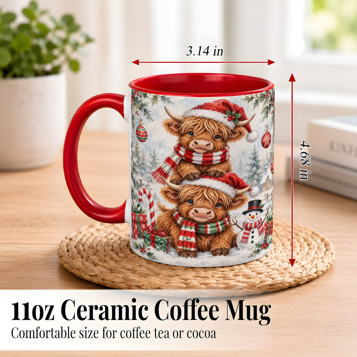 #pl[11oz|Red] Christmas Highland Cow Coffee Mug, Winter Cow Mug, Ceramic Cup