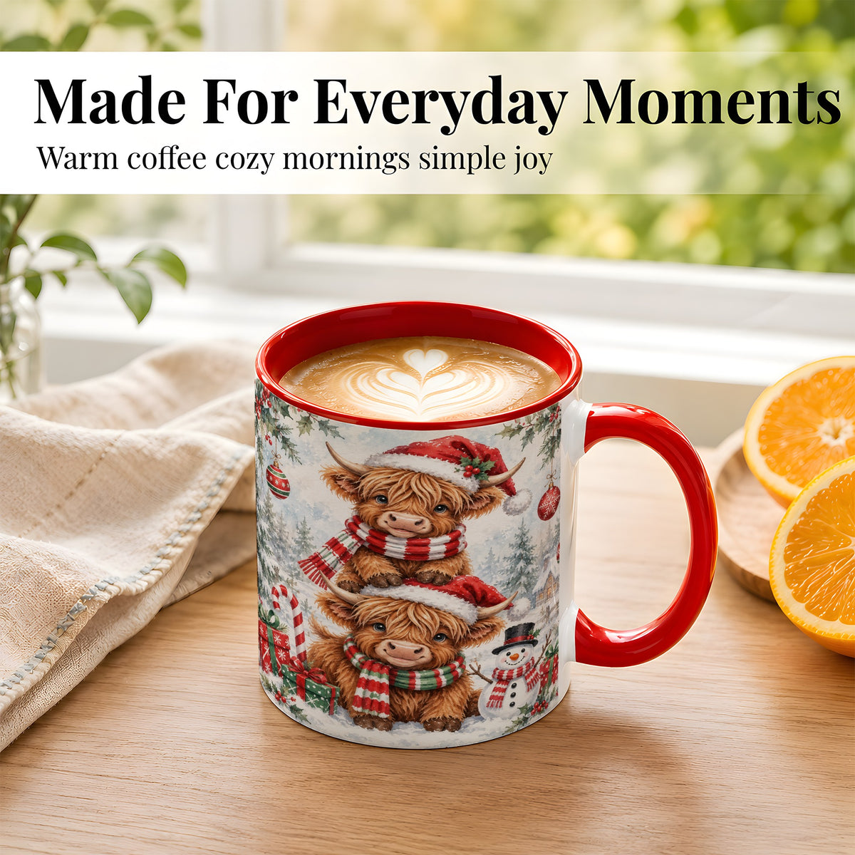 #pl[11oz|Red] Christmas Highland Cow Coffee Mug, Winter Cow Mug, Ceramic Cup