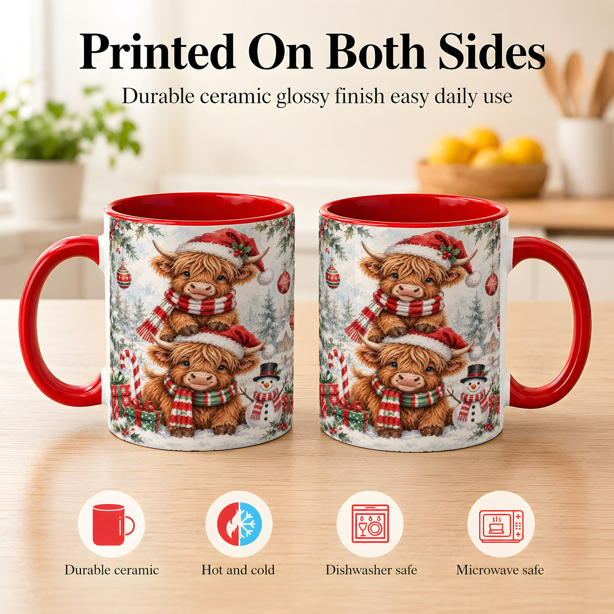 #pl[11oz|Red] Christmas Highland Cow Coffee Mug, Winter Cow Mug, Ceramic Cup