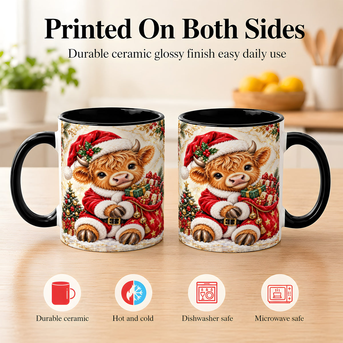 #pl[11oz|Black] Santa Highland Cow Coffee Mug, Christmas Cow Mug, Ceramic Cup
