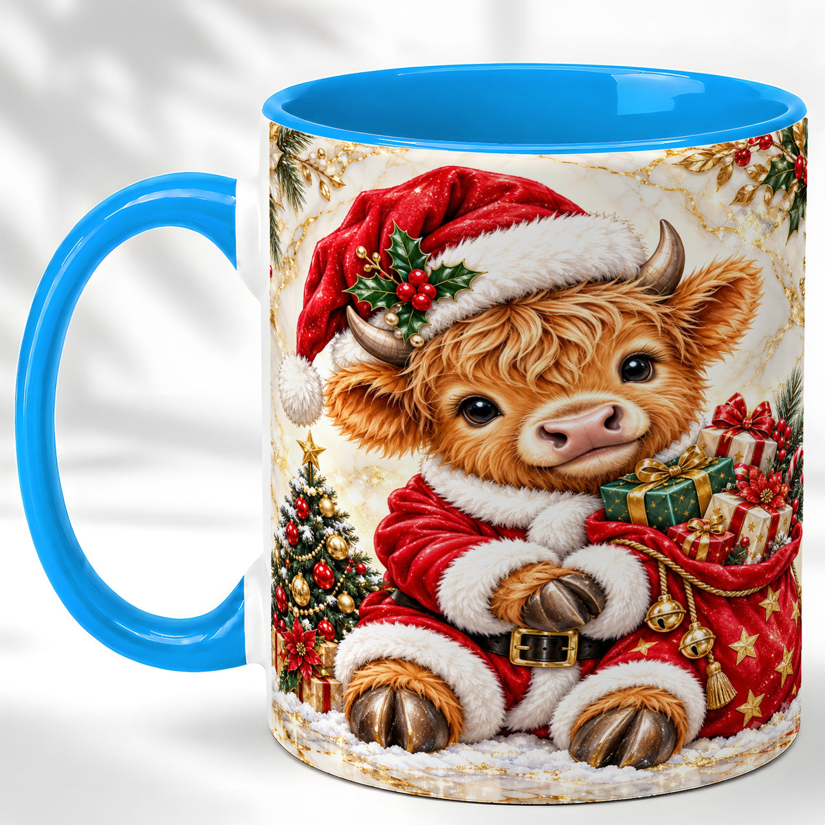 #pl[11oz|Blue] Santa Highland Cow Coffee Mug, Christmas Cow Mug, Ceramic Cup