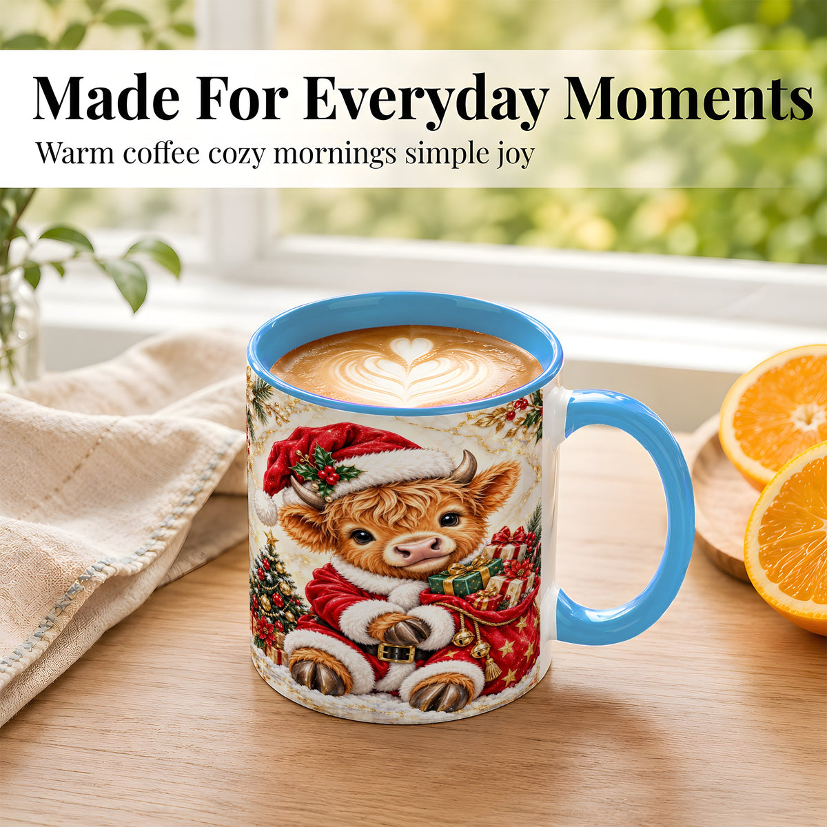 #pl[11oz|Blue] Santa Highland Cow Coffee Mug, Christmas Cow Mug, Ceramic Cup