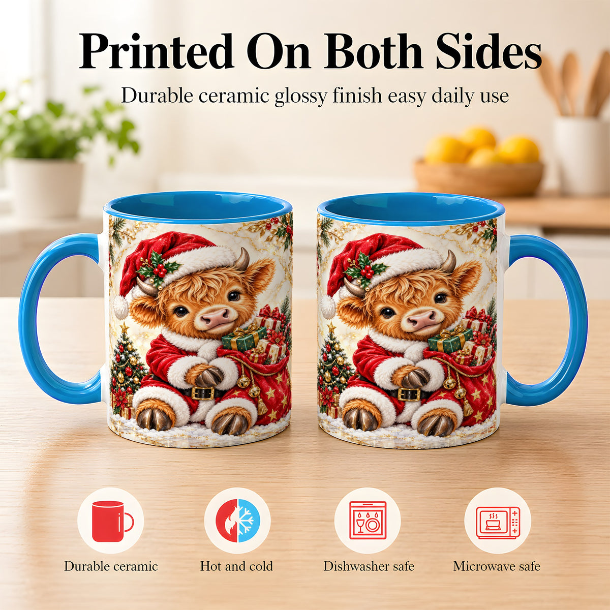 #pl[11oz|Blue] Santa Highland Cow Coffee Mug, Christmas Cow Mug, Ceramic Cup