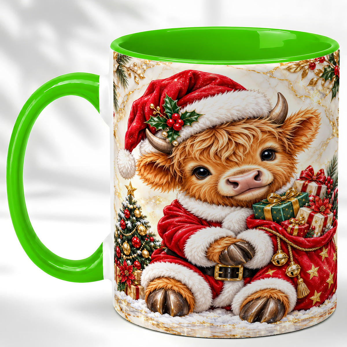 #pl[11oz|Green] Santa Highland Cow Coffee Mug, Christmas Cow Mug, Ceramic Cup