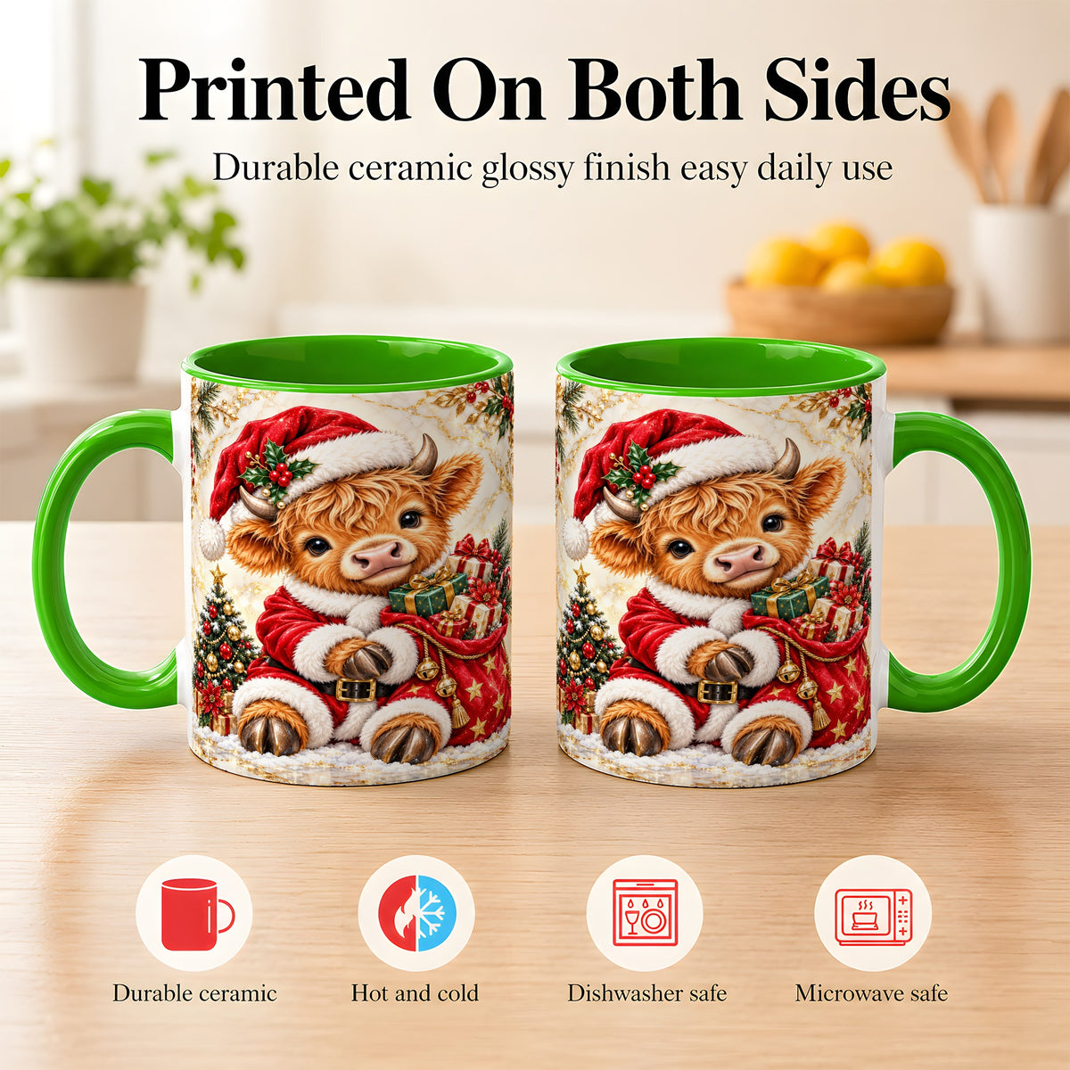 #pl[11oz|Green] Santa Highland Cow Coffee Mug, Christmas Cow Mug, Ceramic Cup
