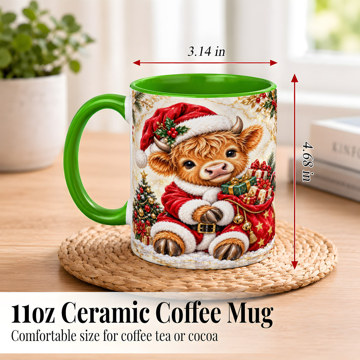 #pl[11oz|Green] Santa Highland Cow Coffee Mug, Christmas Cow Mug, Ceramic Cup