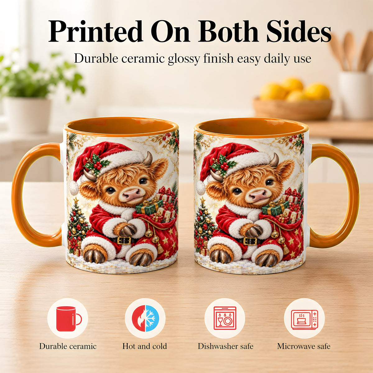#pl[11oz|Orange] Santa Highland Cow Coffee Mug, Christmas Cow Mug, Ceramic Cup