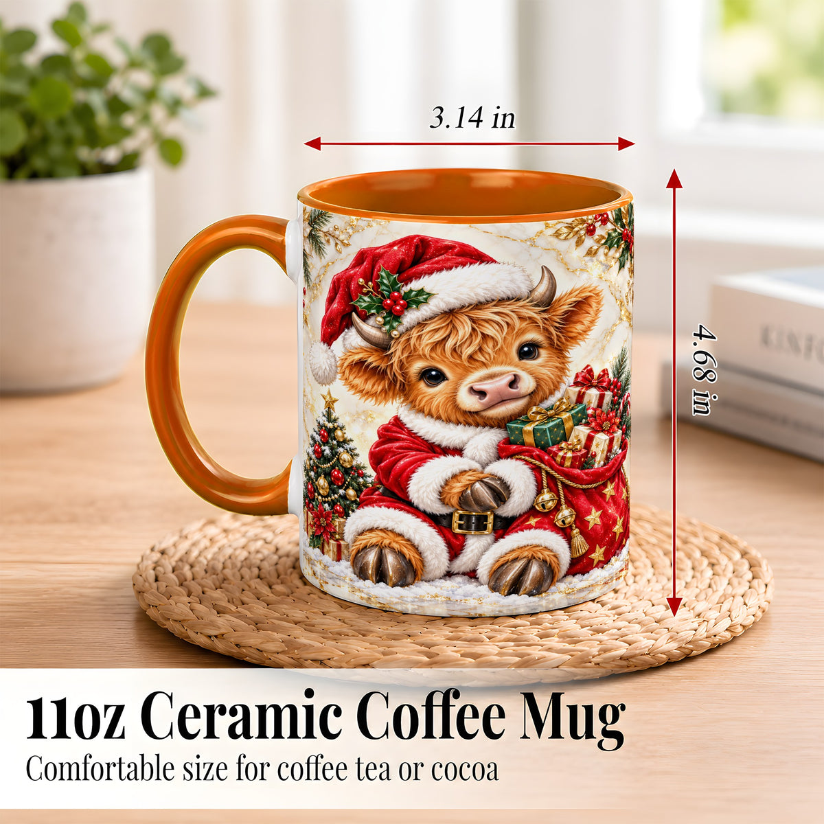 #pl[11oz|Orange] Santa Highland Cow Coffee Mug, Christmas Cow Mug, Ceramic Cup