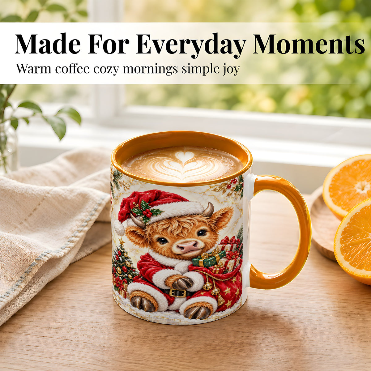 #pl[11oz|Orange] Santa Highland Cow Coffee Mug, Christmas Cow Mug, Ceramic Cup