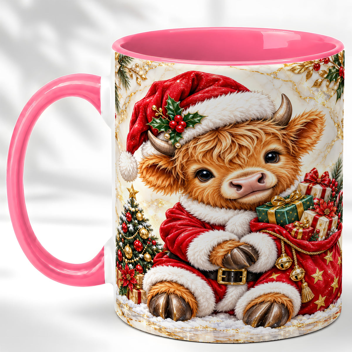 #pl[11oz|Pink] Santa Highland Cow Coffee Mug, Christmas Cow Mug, Ceramic Cup