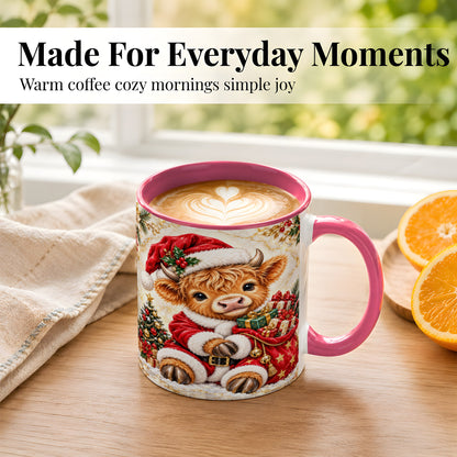 #pl[11oz|Pink] Santa Highland Cow Coffee Mug, Christmas Cow Mug, Ceramic Cup